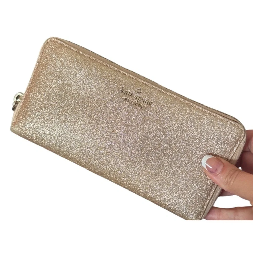 Kate Spade Rose Gold Glitter Wallet designer zip around clutch bling bag